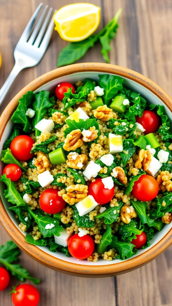 A colorful kale and quinoa salad with cherry tomatoes and walnuts, served in a rustic bowl with lemon dressing.